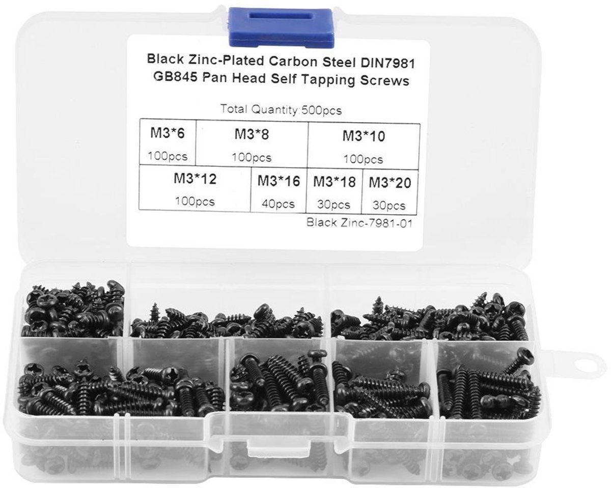 SnelShoppen - 500 Stuks Mini Schroeven Set M3 Zelftappende Houtschroeven met Lenskop van Zwart Koolstofstaal in Plastic Doos voor Meubel, Hout, Speelg