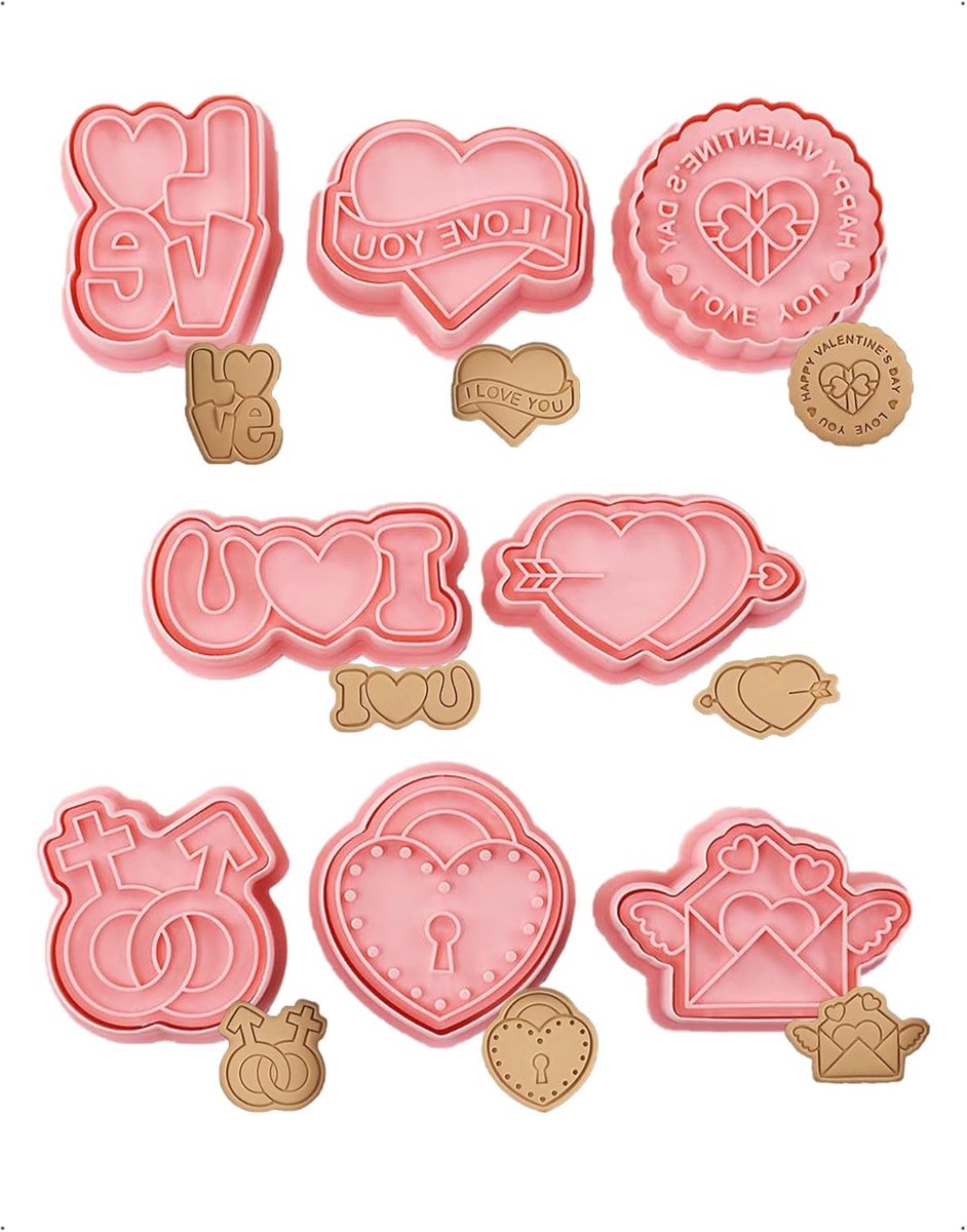 3D-koekjesvormpjes set van 8 - kunststof - unieke vormen - perfect voor Valentijnsdag - ShopVlot
