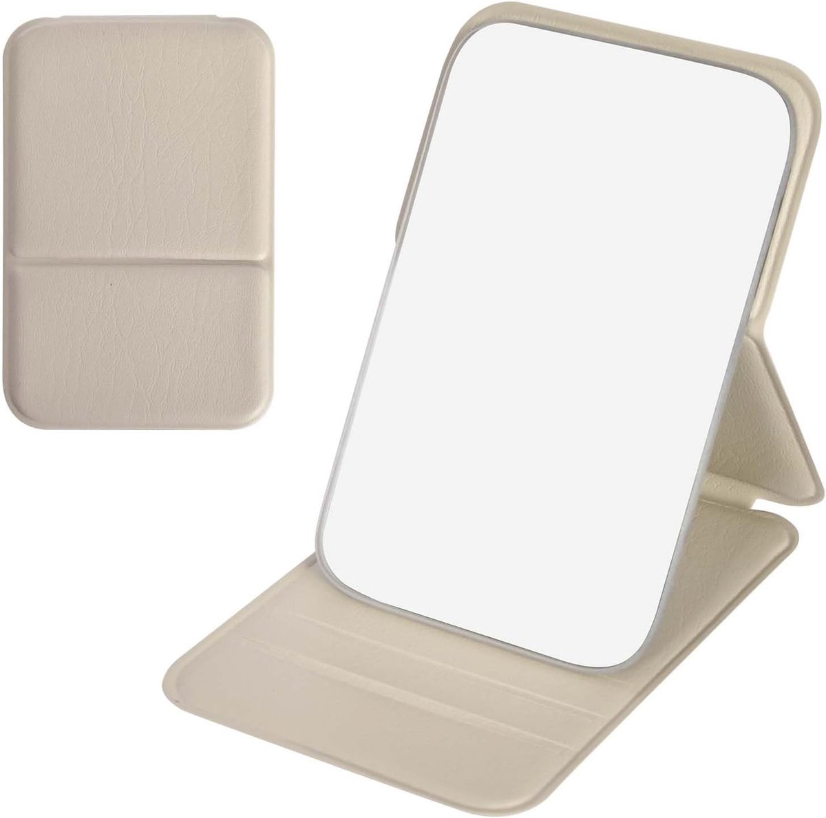 Zak- en tafelspiegel - Beige - 11 x 7 cm - Draagbare Opvouwbare Spiegel met Verstelbare Hoek - Voor Scheren en Make-up