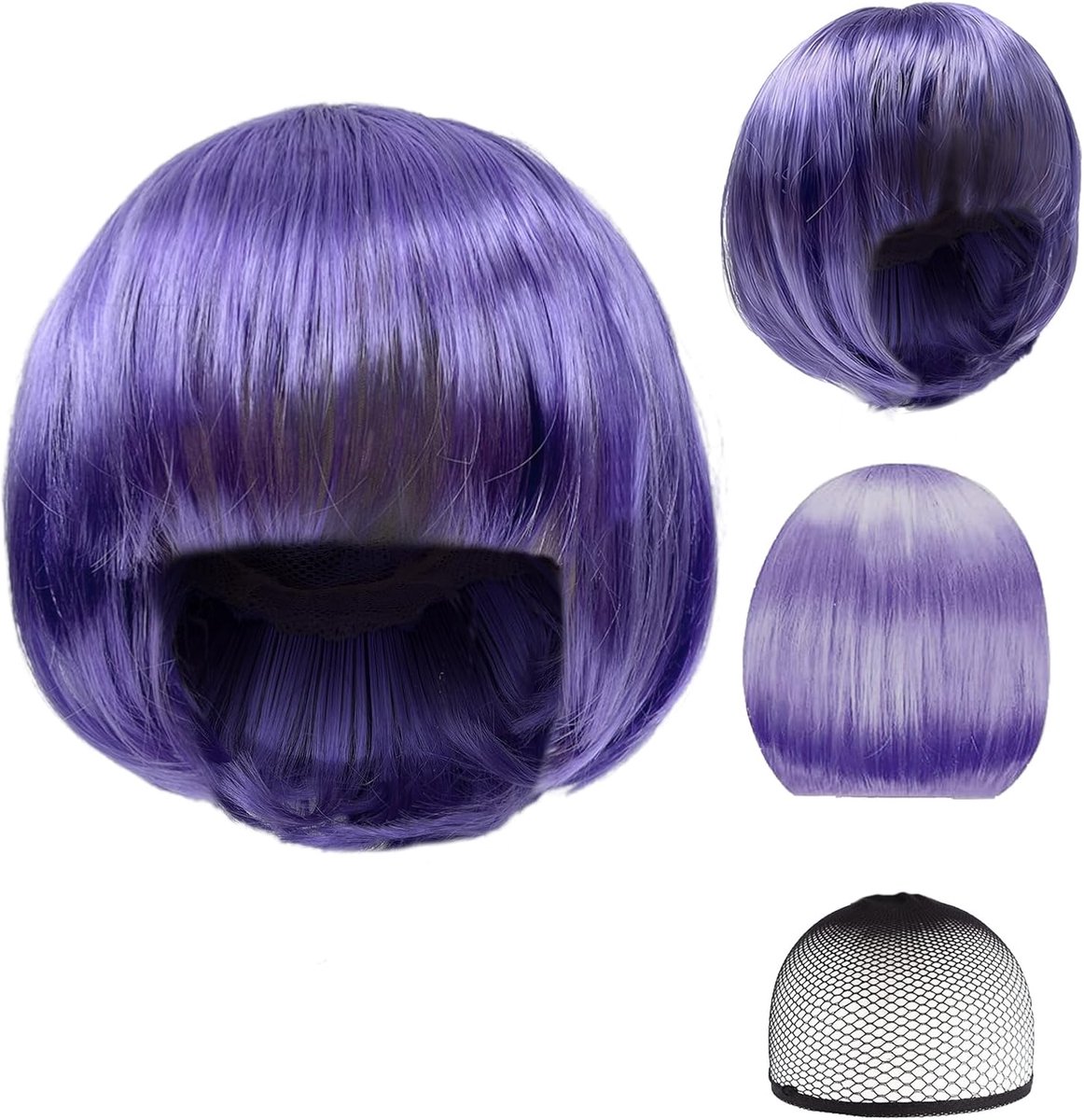 SnelShoppen - Paarse Bob Perucque met Perukenkap voor Vrouwen, Korte Rechte Synthetische Wigs met Pony voor Vrouwen en Meisjes, Carnavalsfeest, Hallow