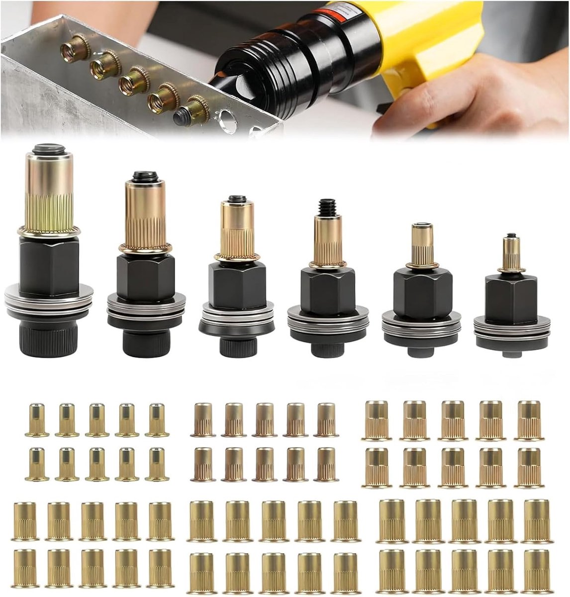 SnelShoppen - 6 Stuks Rivet Nuts M3 M4 M5 M6 M8 M10 met 60 Stuks Moeren voor Handmatige Rietmachine - Hoogwaardige RVS Rivet Nut Set voor Auto en Meub