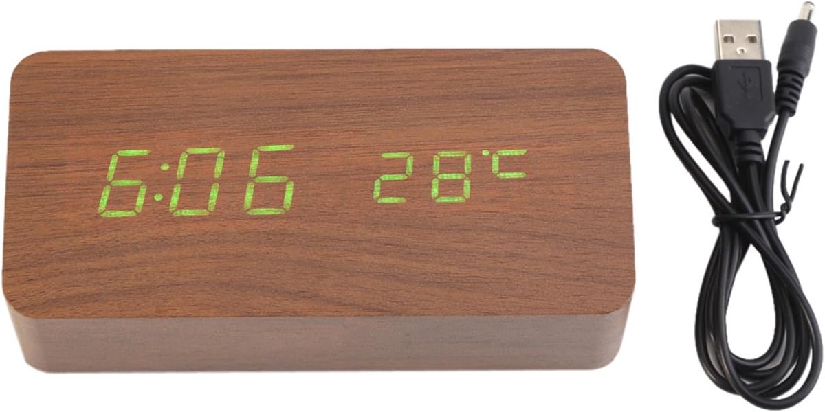 SnelShoppen - Houten LED Alarmklok met Groot USB Display, Multifunctionele Digitale Klok voor Slaapkamer, Desktop Temperatuurweergave, Perfecte Cadeau