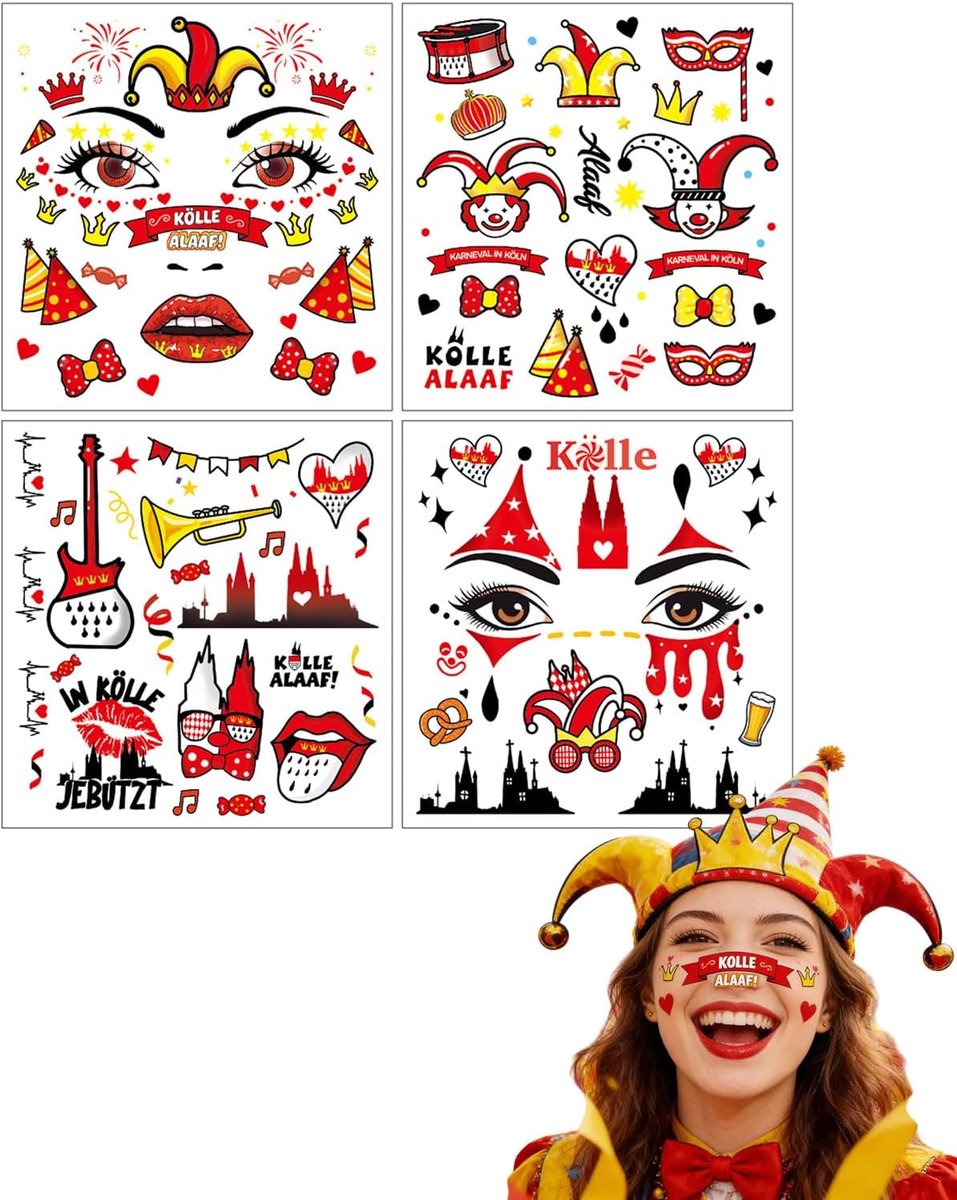 Tijdelijke tattoo stickers - 4 stuks - rood-wit - Kölle Alaaf motieven - perfect voor carnaval - ShopVlot