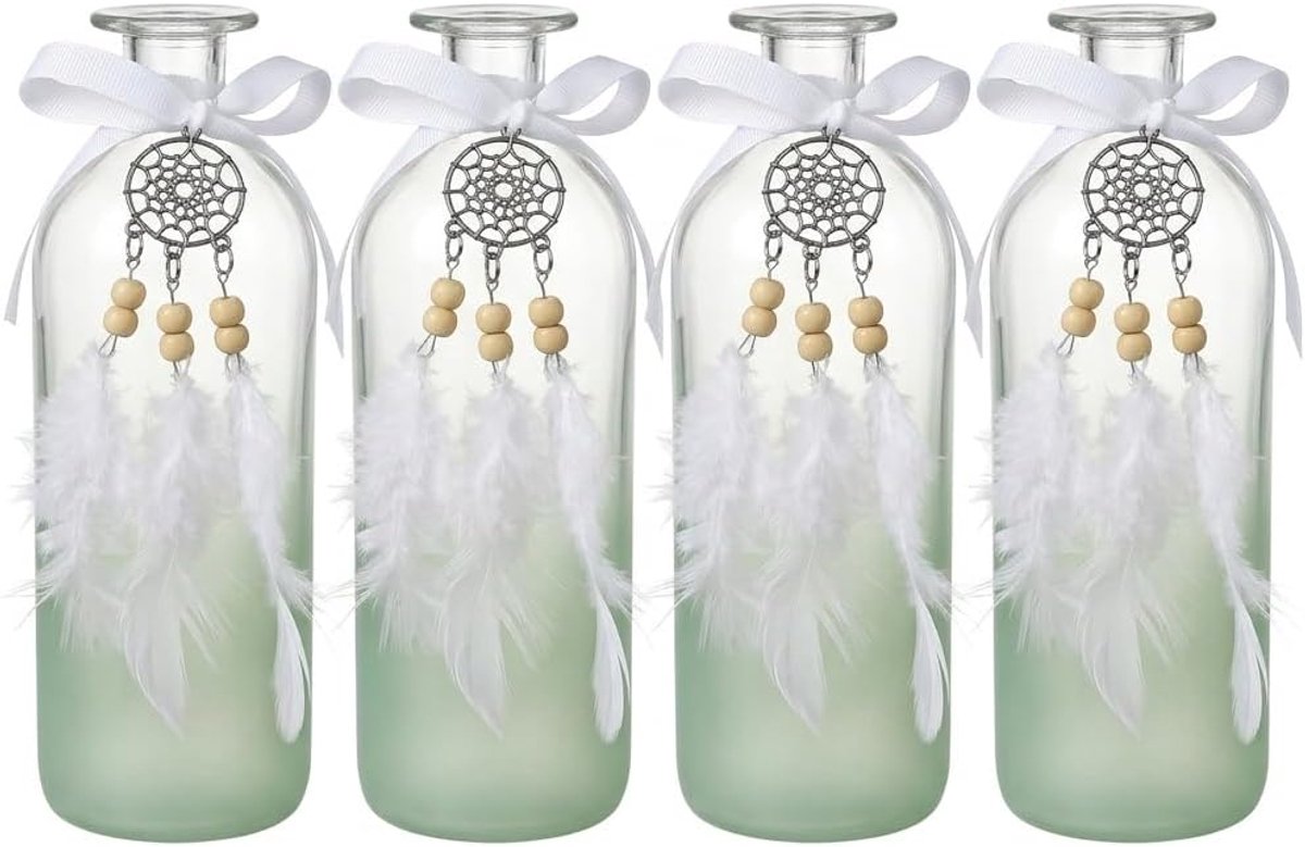 SnelShoppen - Set van 4 MIJOMA Glazen Vazen 20 cm met Transparante Kleurverloop in Zacht Groen, Boho Decoratie met Veren voor Gedroogde Bloemen en Dec