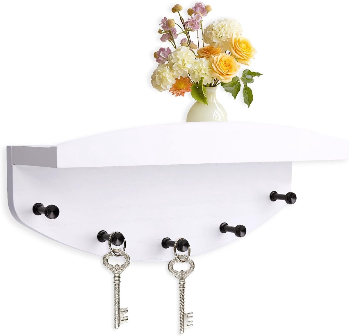 Sleutelrek met Plank - Wit - 30 x 9 x 14,2 cm - Houten Sleutelhouder met 5 Haken - Voor Entree, Hal, Keuken, Woonkamer, Kantoor