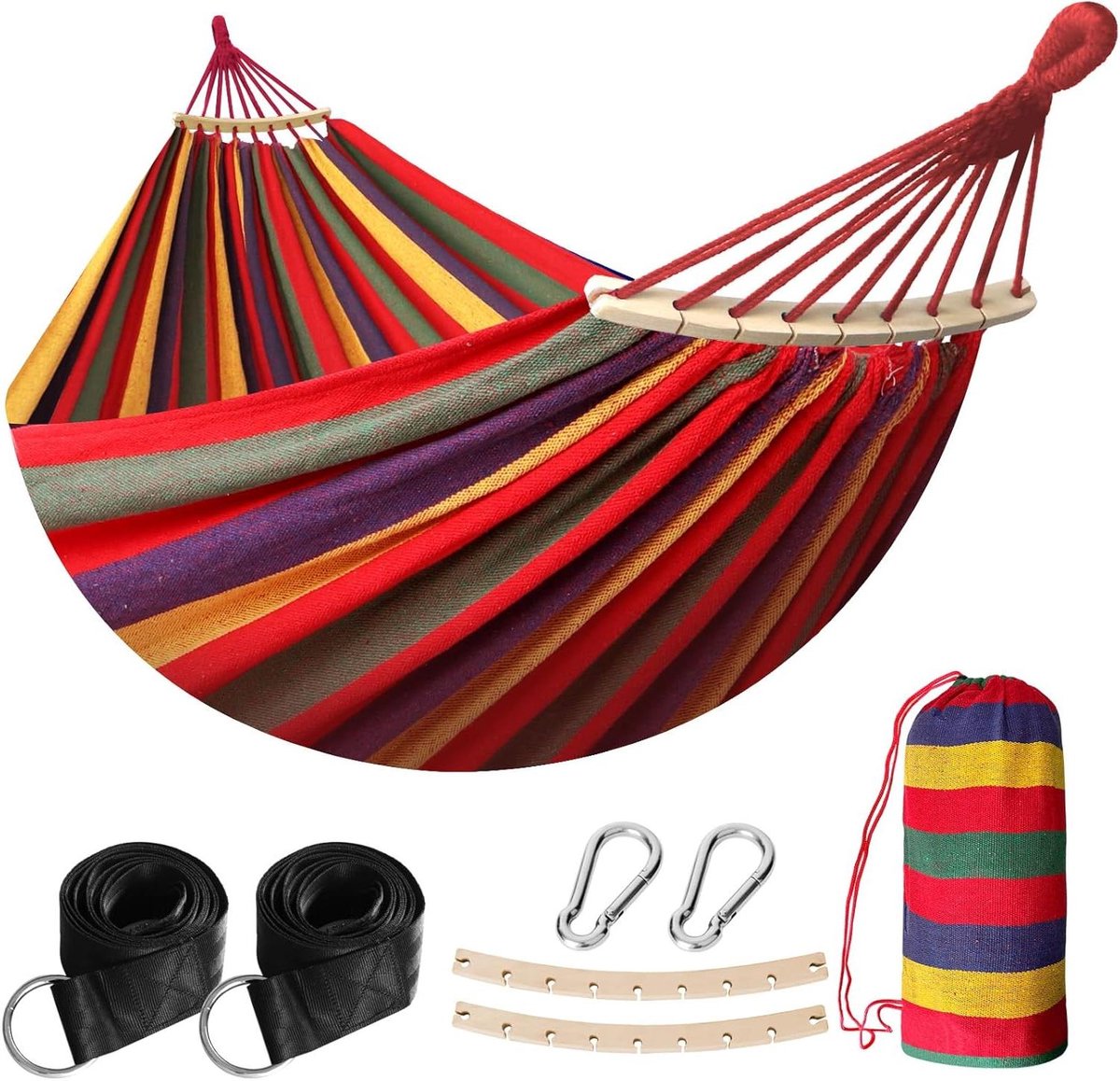 Katoenen Hangmat - Buiten Hangmat - Ontspannen Buiten - Hoge Draagkracht - 210x150 cm - Rood Gestreept