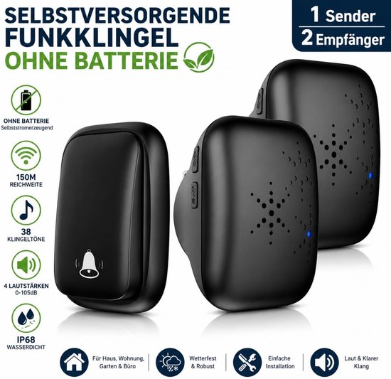 Draadloze Deurbel - Zwart - Zelfstroomgenererend - Waterdicht en Bereik tot 150 m - Voor Thuis en Tuin — afbeelding 2