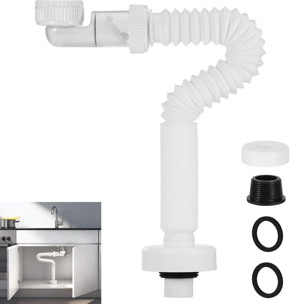 SnelShoppen - Flexibele Sifon 1 1/4 Inch Voor Wastafel, 360° Ruimtebesparende Sifon, Sifon Keukenwastafel, Flessen Sifon Voor Keuken en Badkamer (≈40m