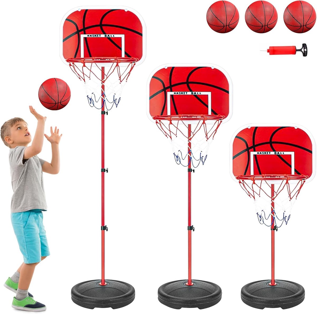 SnelShoppen - Basketball Basket met Stand, Verstelbare Basketball Ring 50-150cm, Inclusief 3 Ballen, 2 Netten en Pomp, Ideaal voor Kinderen, Binnen en