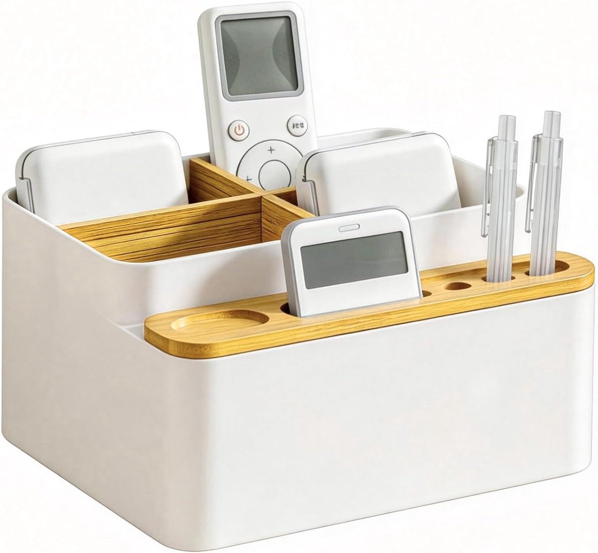 SnelShoppen - Multifunctionele Remote Control Houder met 4 Compartimenten, Desk Organizer voor TV, Mediaplayers en Kantoorbenodigdheden, Wit