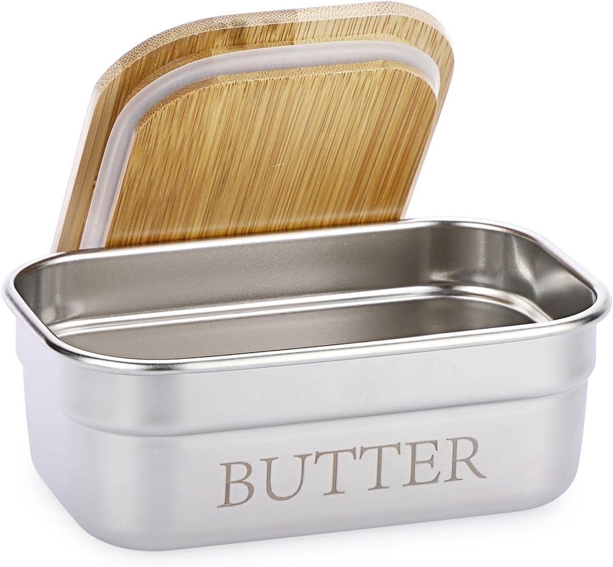 Roestvrijstalen Botervloot met Bamboedeksel voor Duurzame Bewaring van Boter, Ideaal voor Keuken en Eetkamer, Geschikt voor 1 Stuk Boter