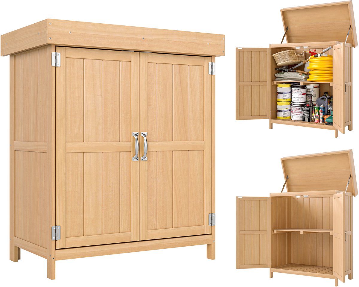 Tuinkast op standaard, dubbele plankdeur en opklapbaar bitumendak afm. 74L x 43B x 88H cm massief