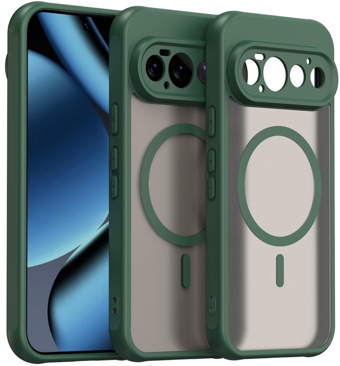 MobyDefend Hoesje - Geschikt voor Google Pixel 11 Pro - Case Geschikt voor MagSafe - Mat Transparant Met Gekleurde Rand - Groen