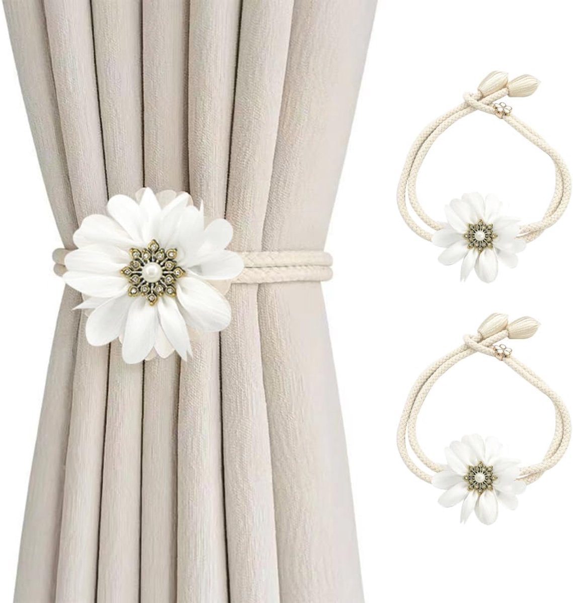 SnelShoppen - Gordijnbinders, 2 Stuks Bloemen Gordijn Ties, Elegante Gordijnhouders voor Thuis, Buiten, Slaapkamer, Kantoor, Decoratieve Gordijnen