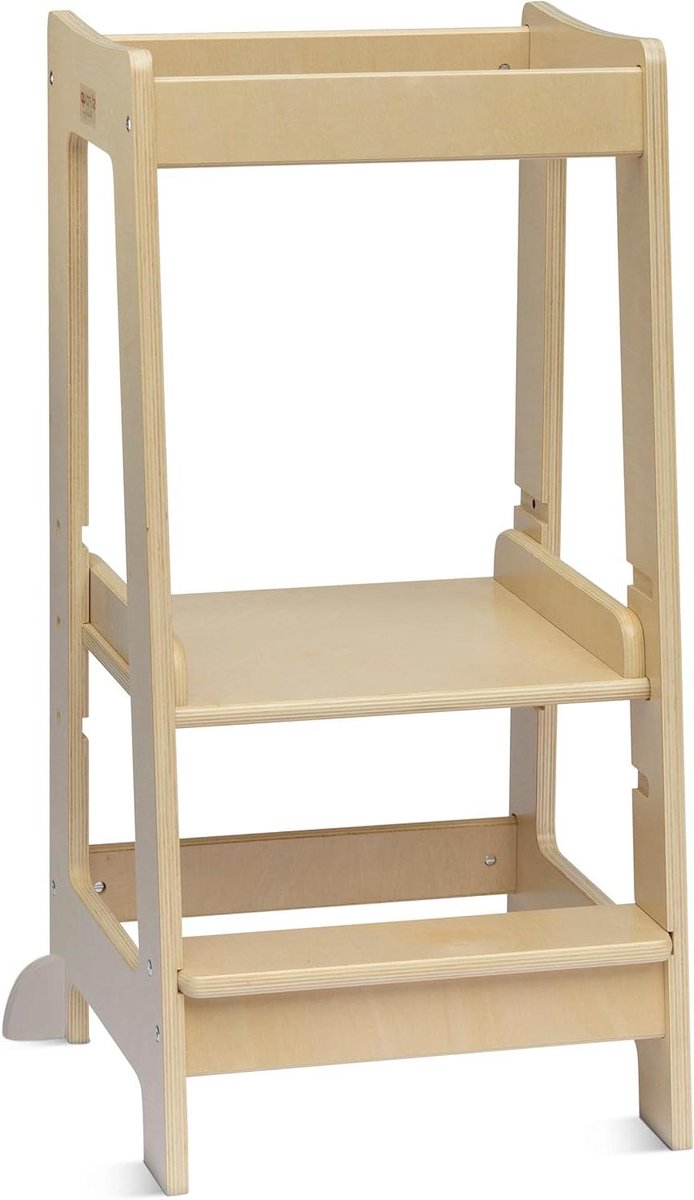 Kinder Keuken Stoel - Hulp Stoeltje - Zelfstandig Ontdekken - 3 Hoogtes Verstelbaar - H85cm x B42cm - Gelakt Hout
