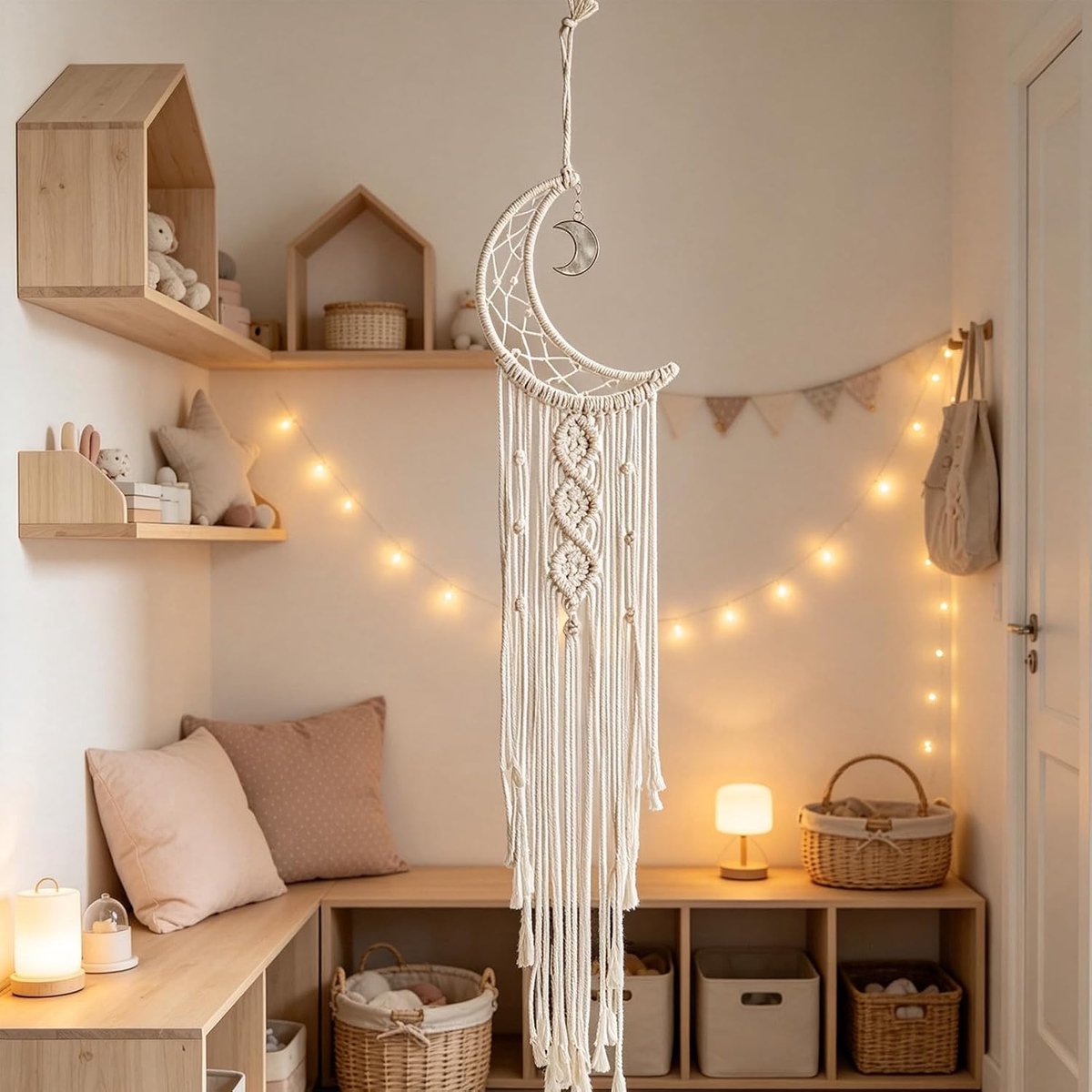 Boho Macrame Woven Wall Hanging, Crochet Crescent Moon Star Long Tassel Dream Catcher, Woven Cotton Moon Dream - ShopVlot