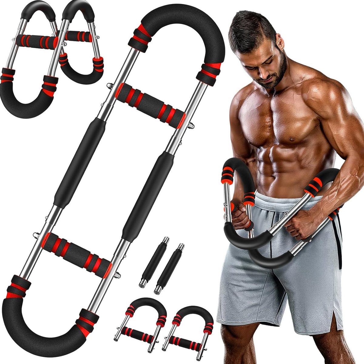 REDOM - Twister Armtrainer - Verstelbare 3-standen weerstand 30-50 kg - Opvouwbare bovenlichaamtrainer - Roestvrij staal en foam - Thuis kantoor reis - Zwart rood