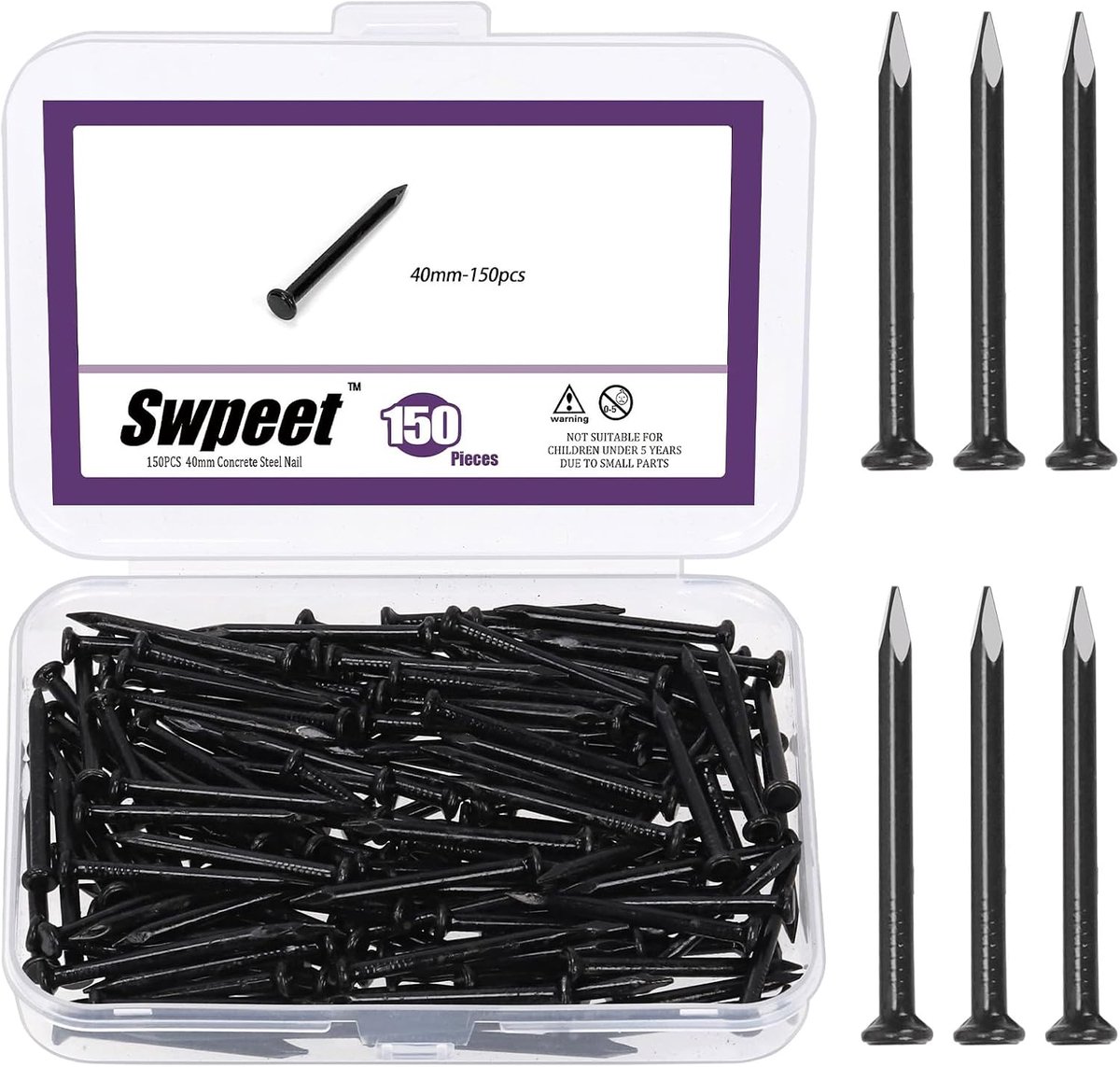 SnelShoppen - 150 Stuks Zwarte Hardware Nagels Assortiment, 1-3/5 Inch (40mm) Stalen Nagels, Gegalvaniseerde Finishing Nagels, Geschikt voor Hout, Bet