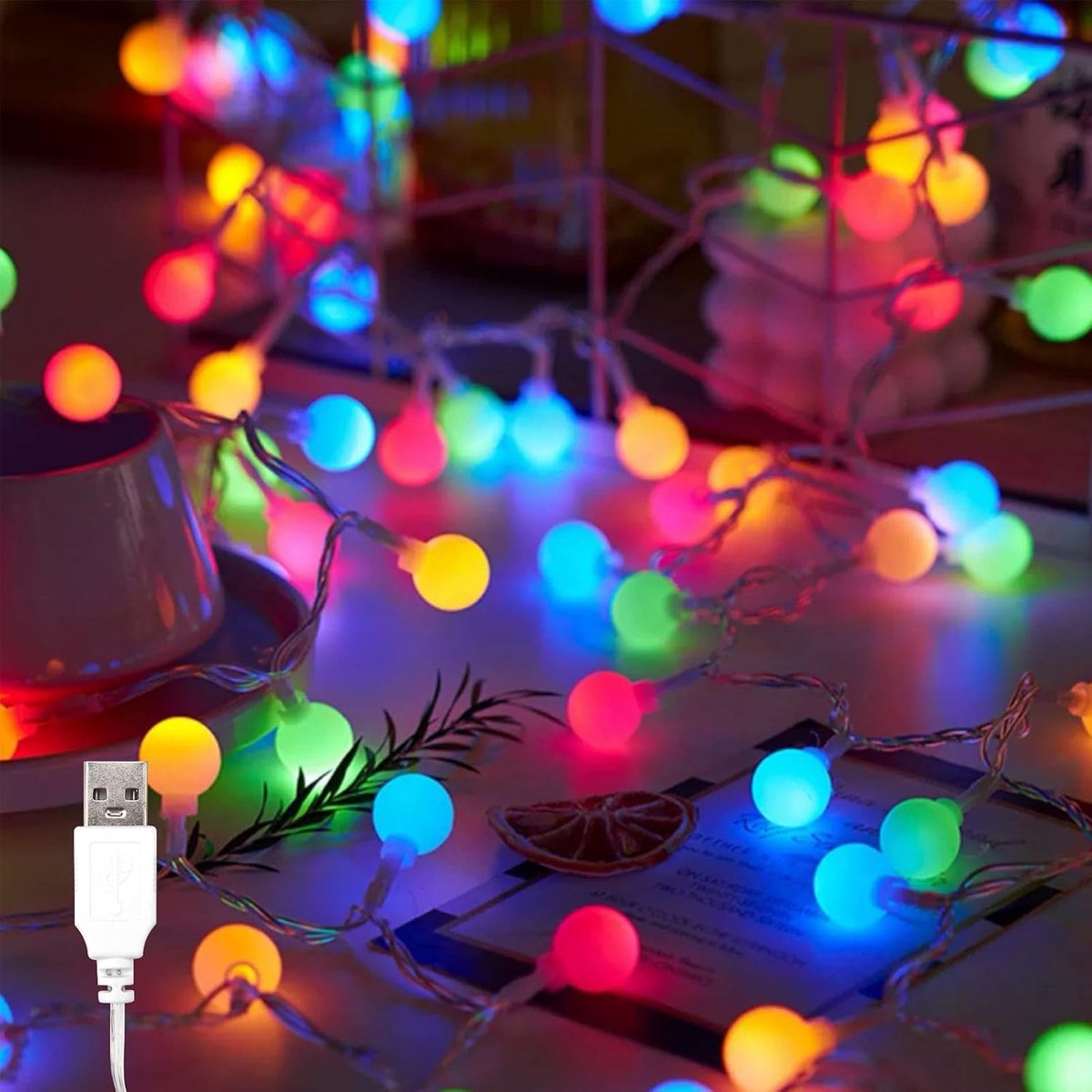 SnelShoppen - USB LED Sfeerverlichting Ketting met 80 Kleurrijke Bollen, 10 m, Constant Licht, Feestverlichting voor Binnen en Buiten, Tuin, Camping,