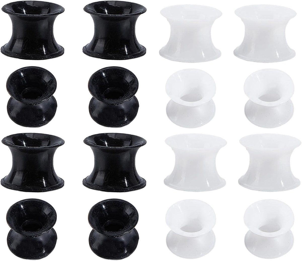 SnelShoppen - 8 Paar Silicone Tunnels Zwart en Wit, 8 mm Dubbelflair, Extra Zacht en Flexibel voor Oren, Unisex, Perfect voor Feest en Dagelijks Gebru