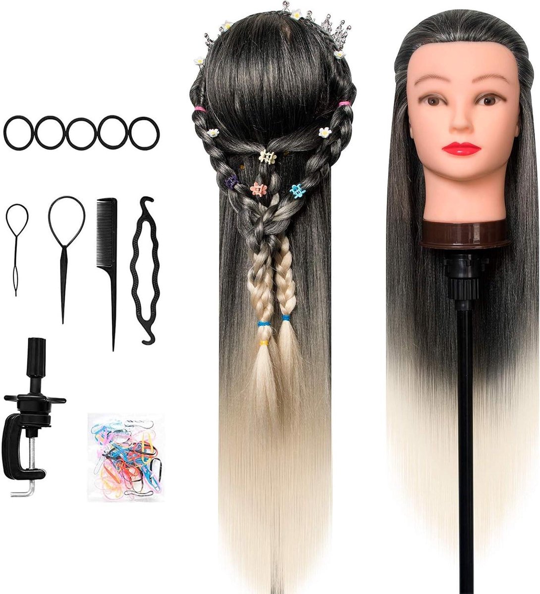 Oefenhoofd Synthetisch Haar - Kappershoofd Styling - Haar Stylen Leren - Lang Ombre Haar - 26-28 Inch - Ombre Zwart