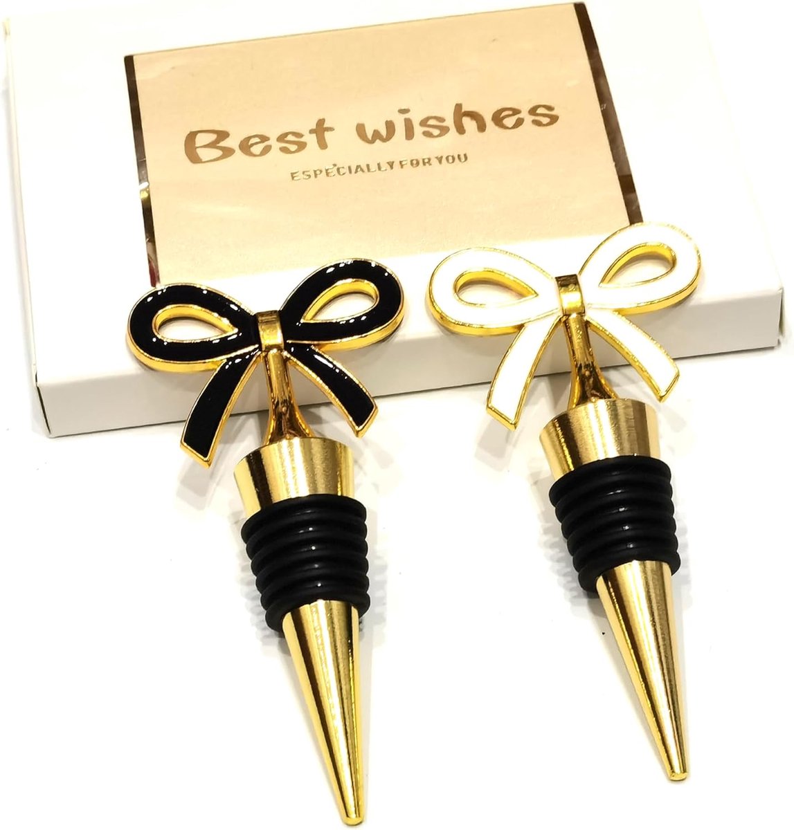 SnelShoppen - Set van 2 Gouden Wijnflessen Stoppen met Vlinderklem, Zwarte en Witte Feestelijke Lussen voor Wijnflessen, Perfect voor Feesten, Bruilof