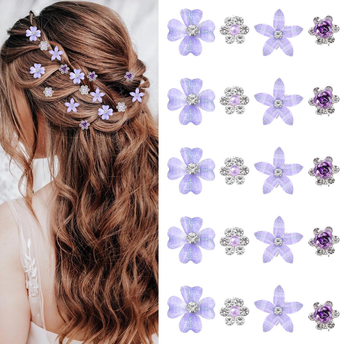 SnelShoppen - 20 Stuks Bloem Haarclips, Mini Haarclips met Sprankelende Crystal Rhinestones, Kleine Haaraccessoires voor Vrouwen in Paars voor Feest e
