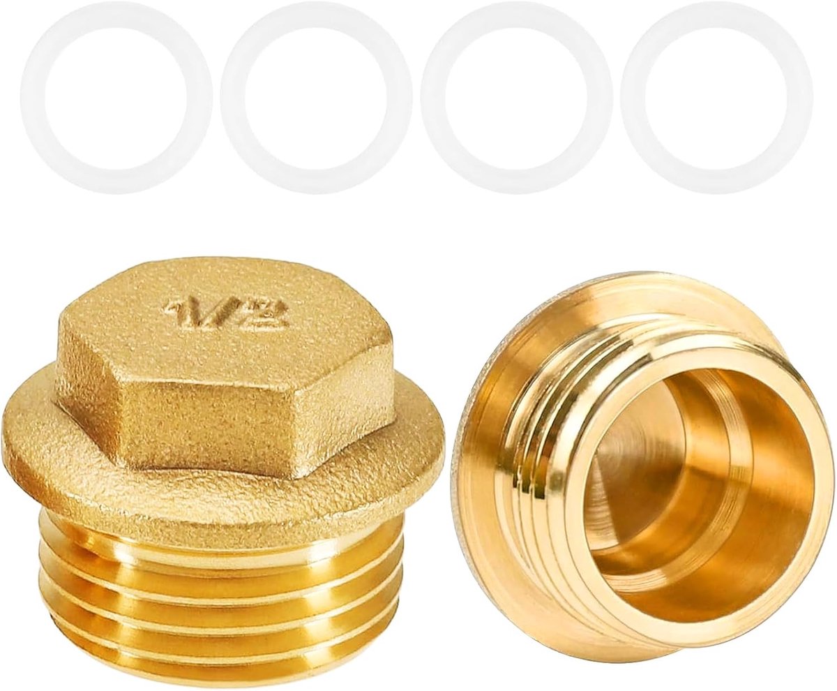 SnelShoppen - 2 Stuks Messing Stoppen, 1/2 Inch Hexagonale Messing Draadkappen met Rubberafdichtingen, Sanitair Stoppen voor Kranen, Waterleidingen, W