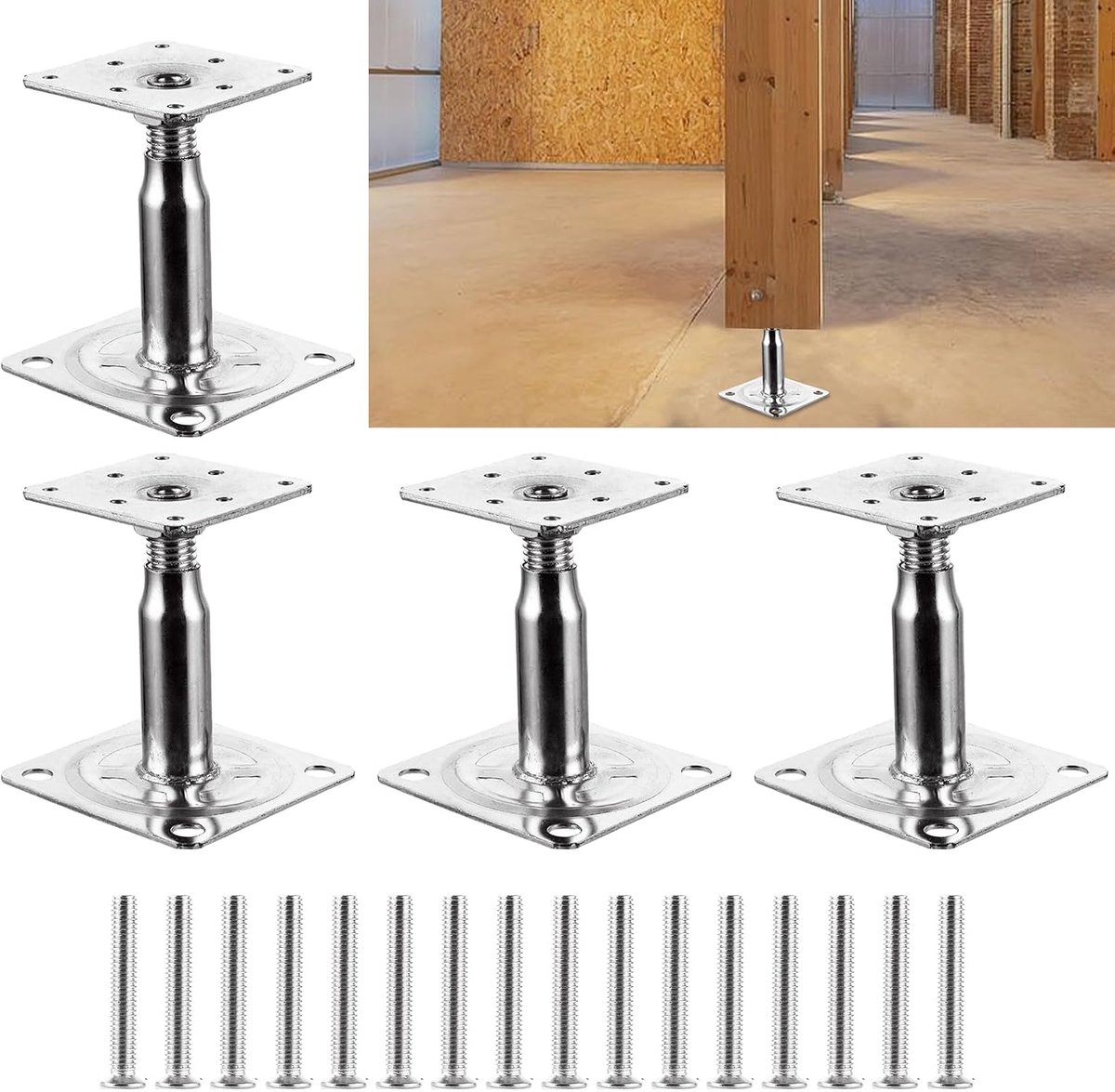SnelShoppen - Set van 4 Verstelbare Post Steunen, Gegalvaniseerd 100-190mm, Steunpoot voor Hekken, Schuilplaatsen, Carports, Pergola's, Tuin, Bouw, Zi