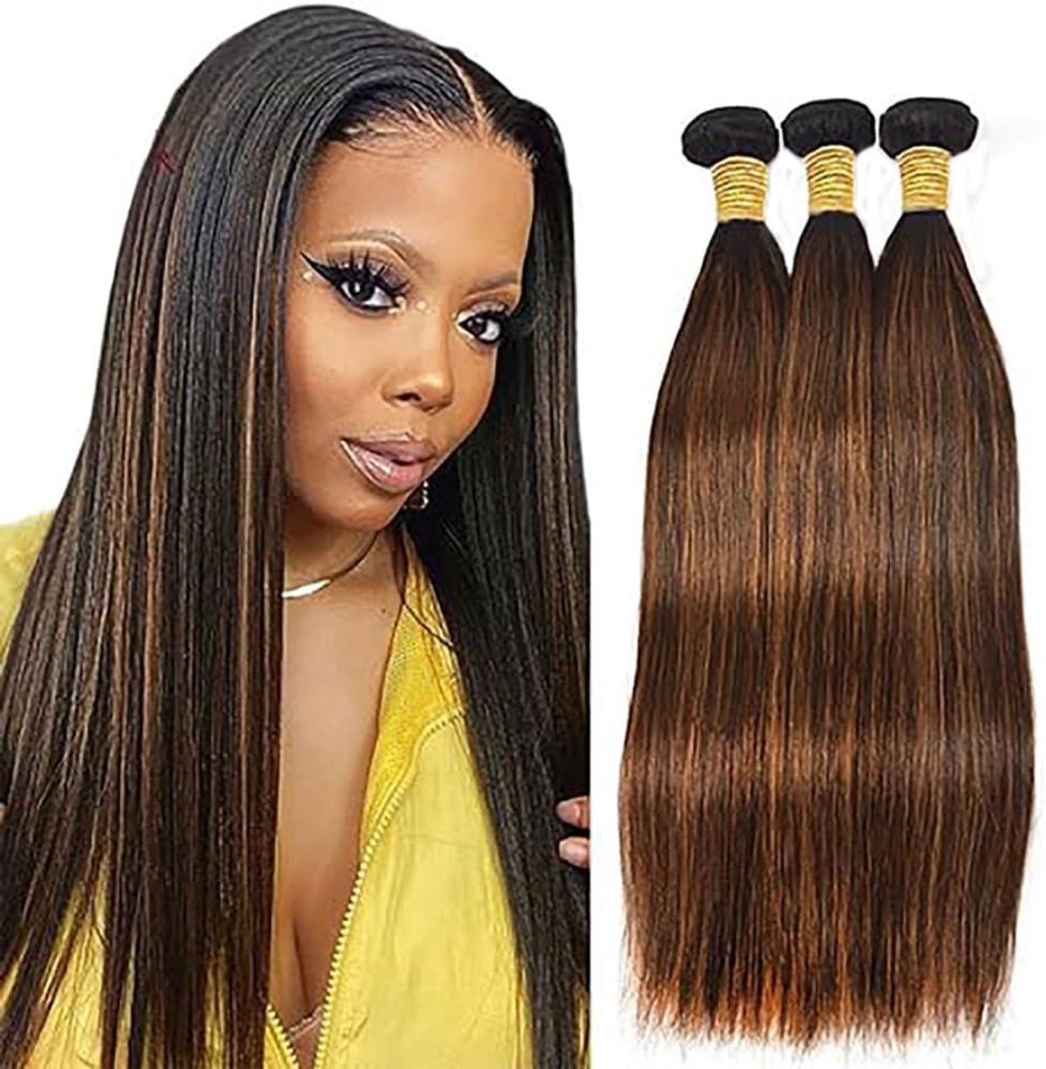 SnelShoppen - P4/30 Highlight Bruin Steil Menselijk Haar Bundels Dubbele Weft Onverwerkt Braziliaans Remy Haar Extensions Premium Menselijk Haar Met M
