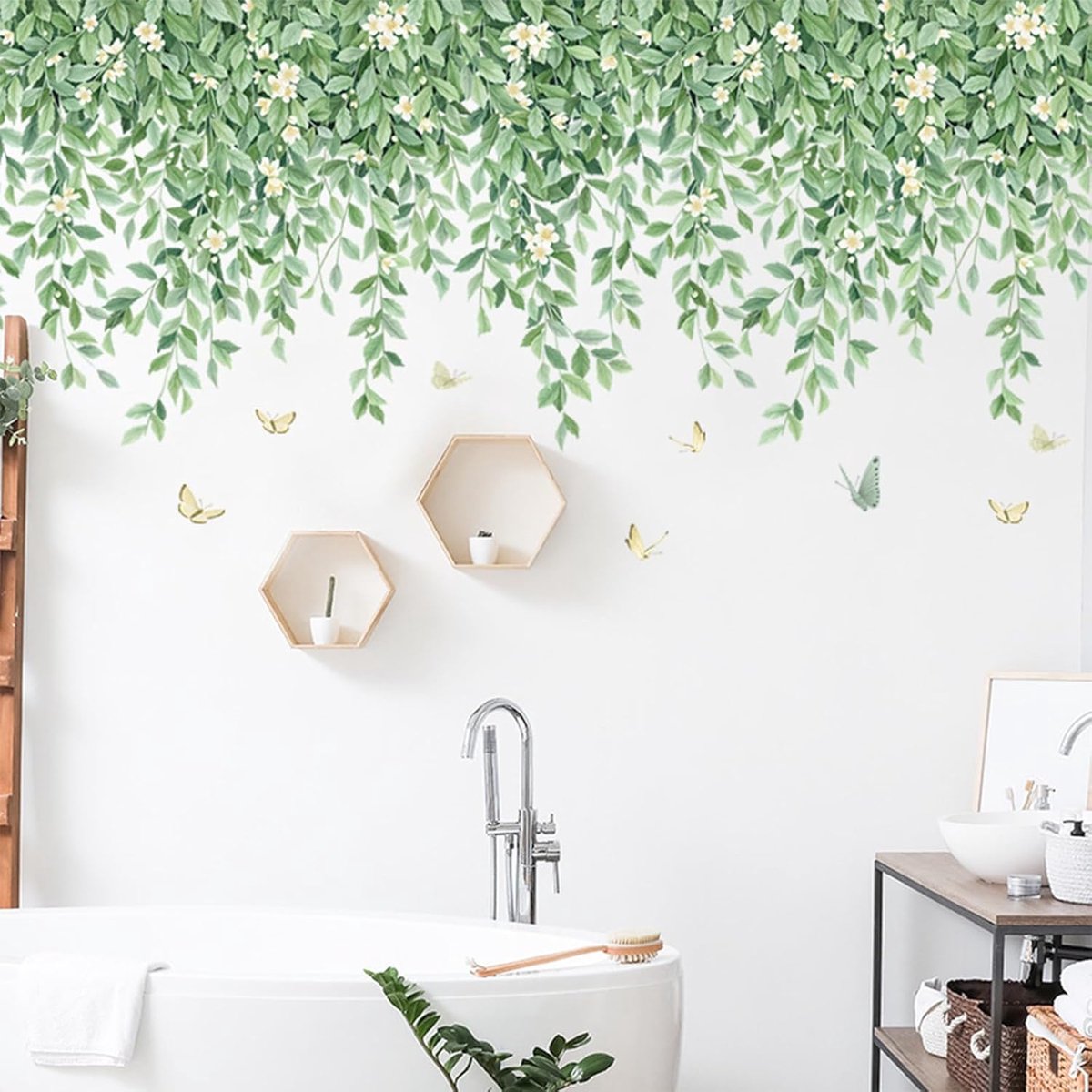 SnelShoppen - Eucalyptus Wijnstok Bladeren Muursticker, Verwijderbare Muurstickers Groene Planten, PVC Waterdicht, 81x55.5 cm, Decoratie voor Woonkame