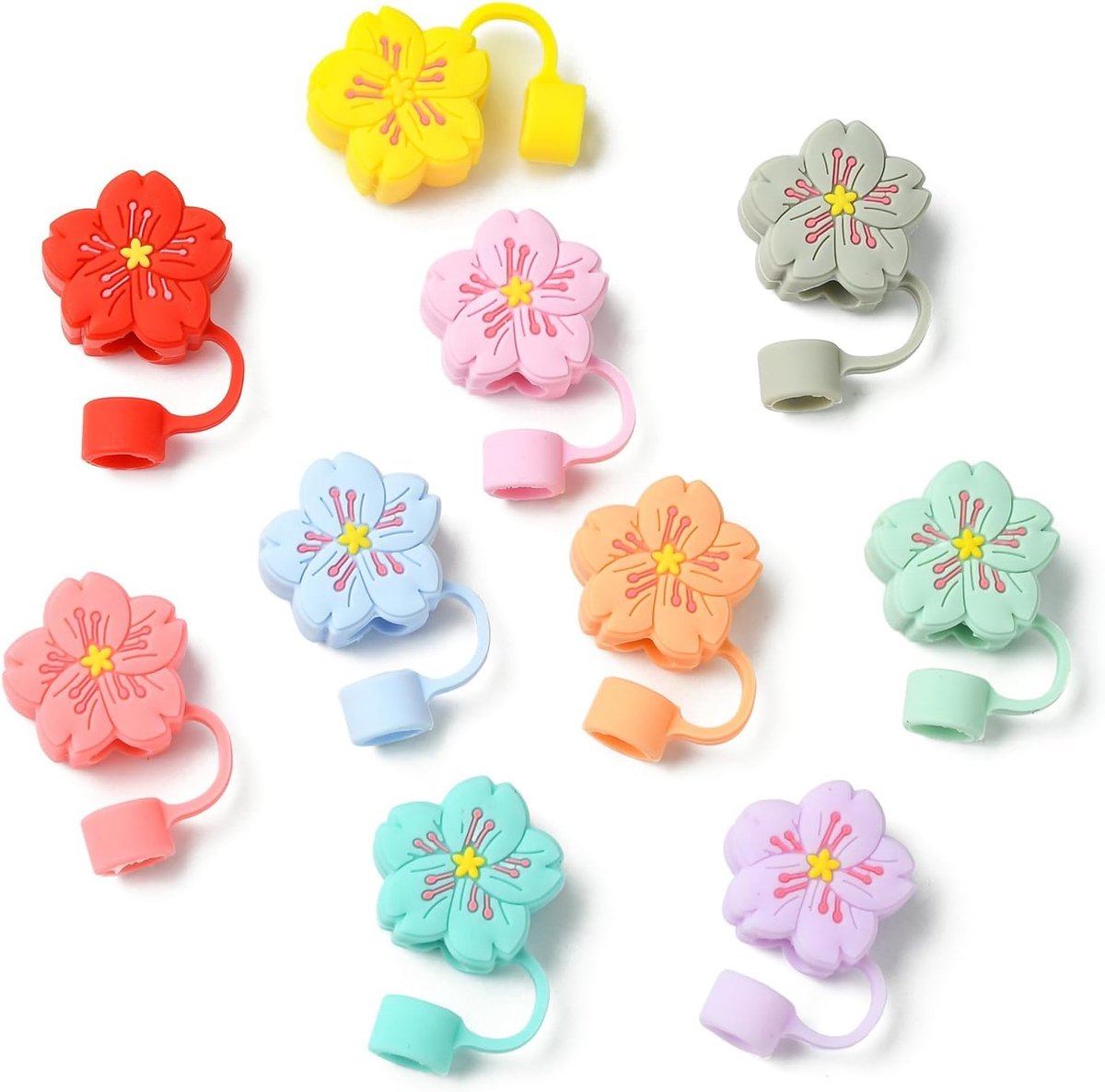 SnelShoppen - 11Pcs Bloem Silicone Rietjes Deksel Caps - Herbruikbare Dustproof Rietjes Toppers voor Tumblers - 11 Kleuren - Perfect voor Feest, Campi