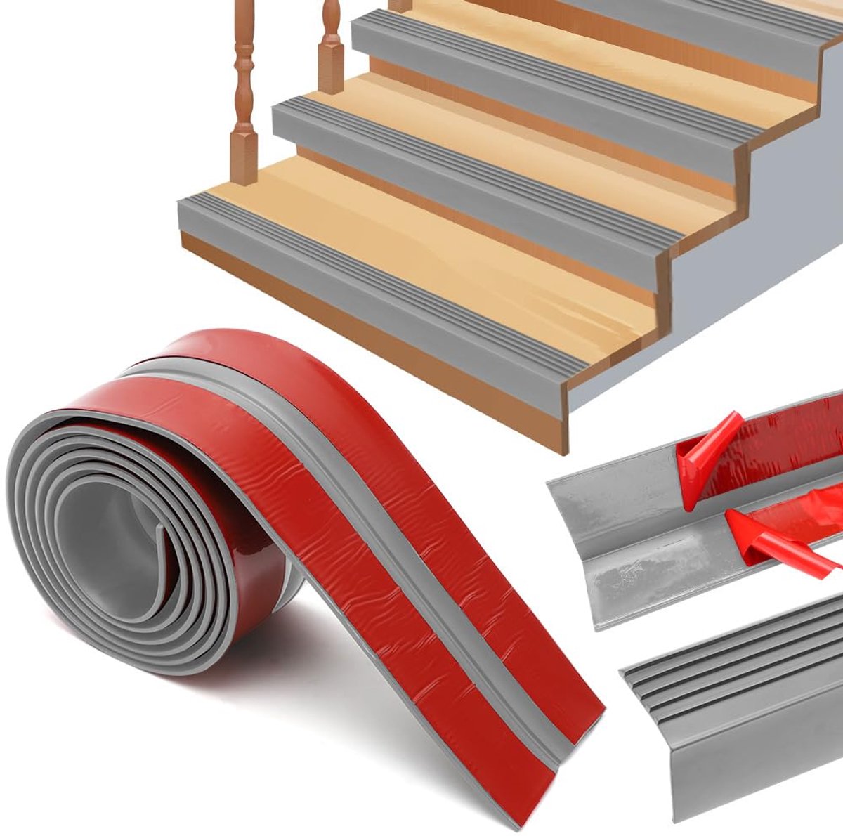 Yuragim Stair Edge Profile, Self-Adhesive 4 m Stair Edge Strip, Grey, Angle Profile, PVC Rubber Stair Protection - ShopVlot