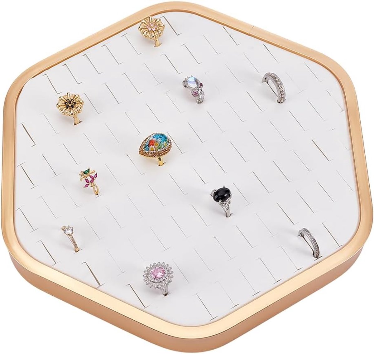 SnelShoppen - Ring Organizer, Stapelbaar, 92 Slots, Hexagonaal Leer, Sieraad Display voor Ringen, Oorbellen, Oorstekers, Opbergcompartiment, 27 x 29.7