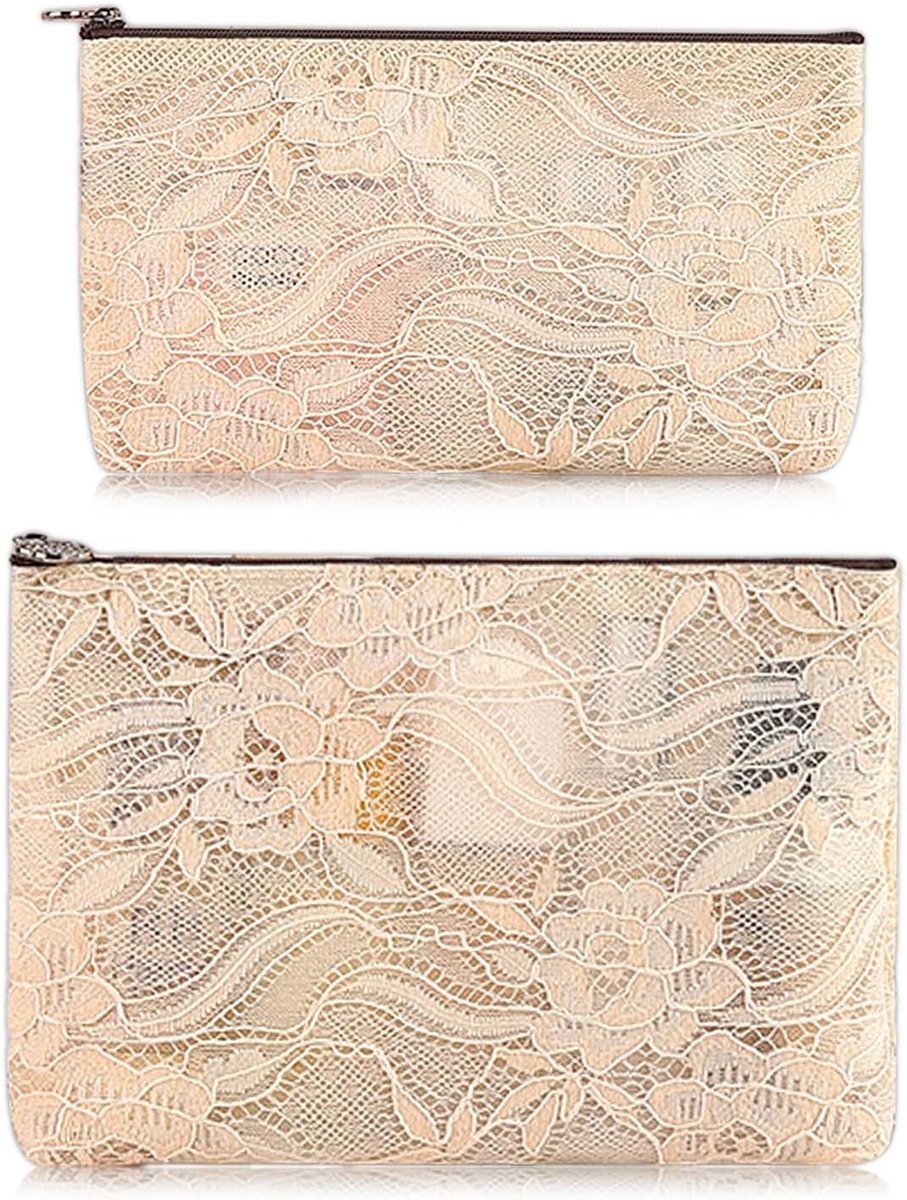 SnelShoppen - 2 Stuks Cosmeticazakje Kant, Kleine Make-up Tas Wit, Medium en Kleine Reistassen met Rits voor Make-up en Toilettas voor Vrouwen en Meis