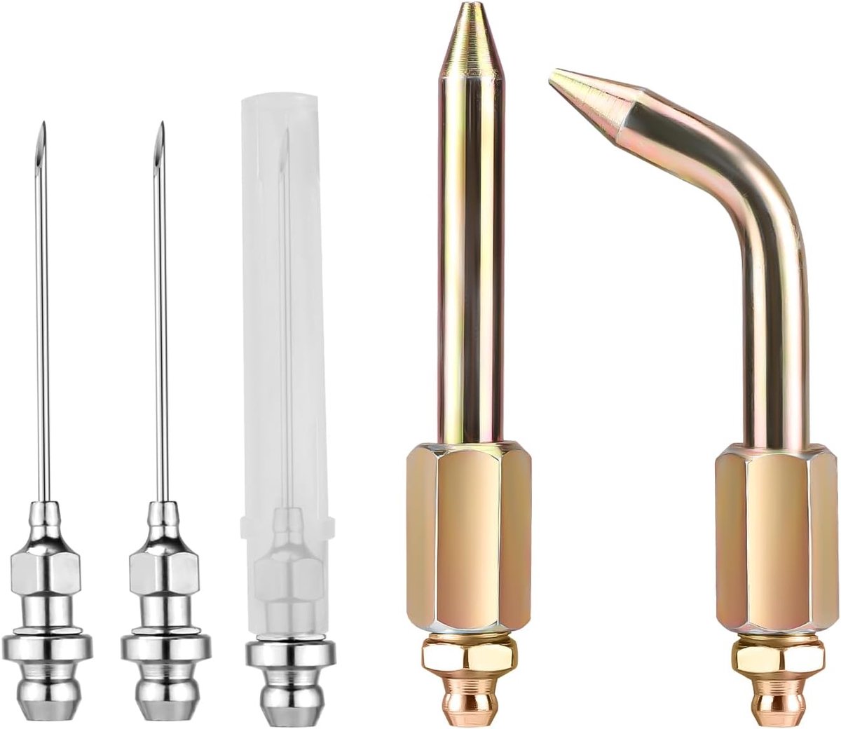 SnelShoppen - 5-delige Vetspuit Accessoire Set, Inclusief Rechte en Gebogen Spuitmondjes, Precisie Adapter Koppeling voor Smalle en Beperkte Ruimtes