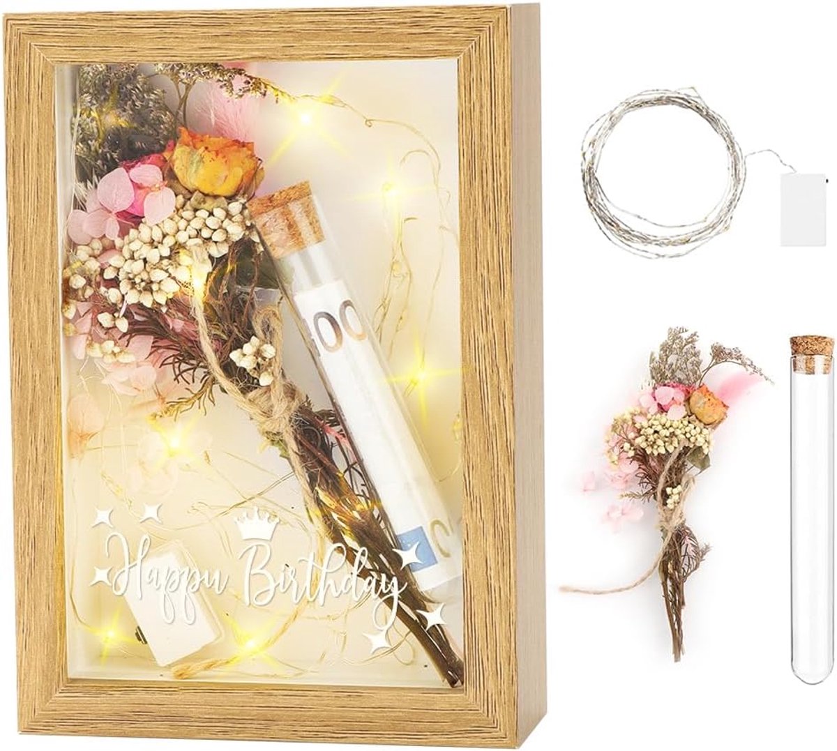 SnelShoppen - Geld Cadeau met Fotolijst, Inclusief Gedroogde Bloemen, Lichtketting, Plastic Testbuizen, Desk Decoratie Geschenk voor Verjaardag