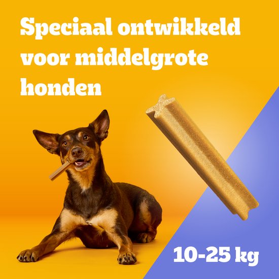 Kleine bruine hond kauwt op een Dentastix. "Speciaal ontwikkeld voor middelgrote honden", 10-25 kg.