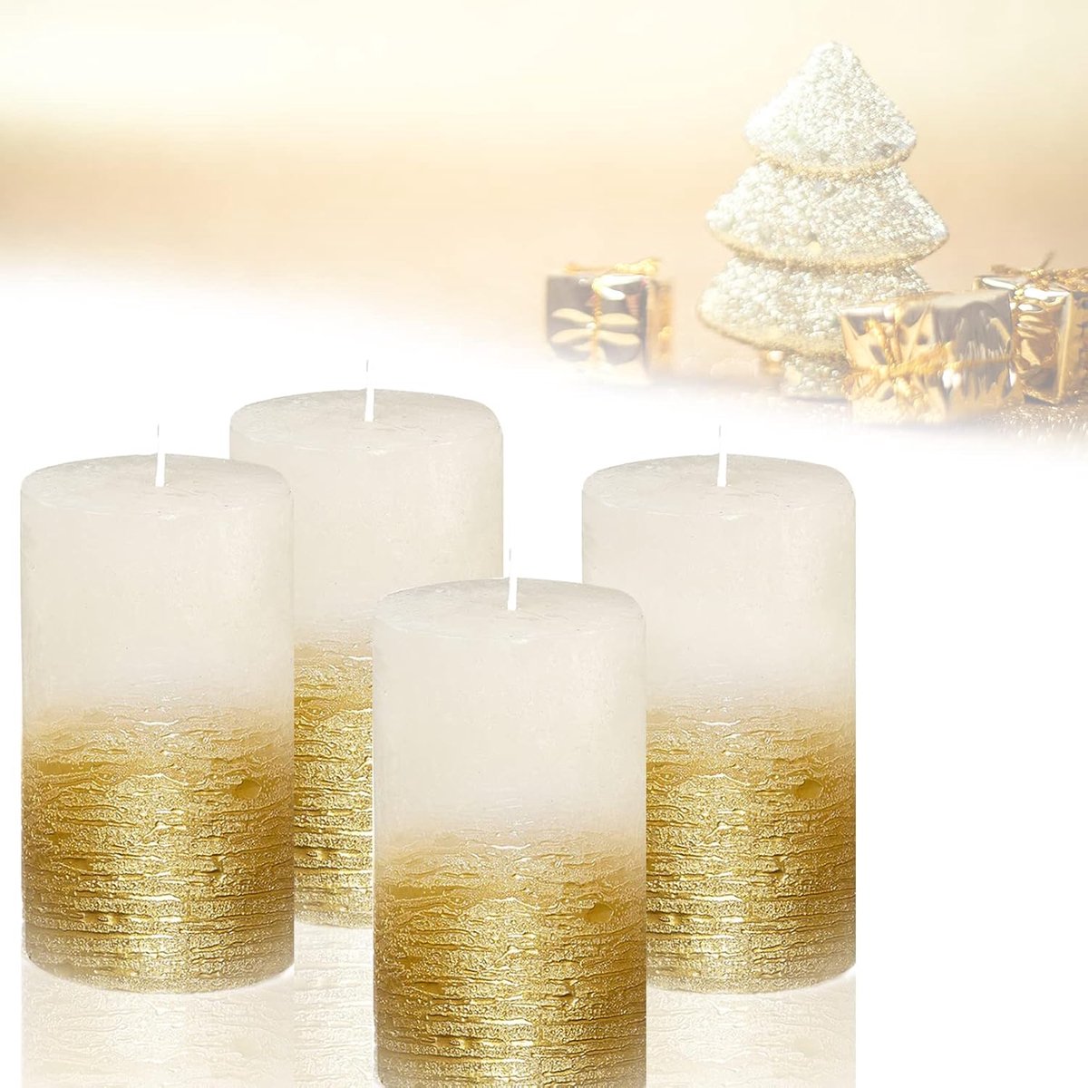 SnelShoppen - Set van 4 Rustieke Pilaren Kaarsen Wit Goud - 12 cm - Lang Branduur tot 54 Uur - Geurloze Kerstkaarsen voor Adventskrans en Feestelijke