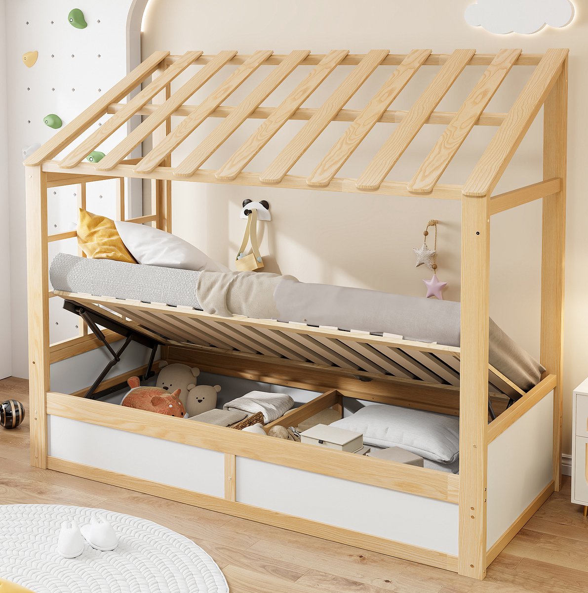 MIVRAY Hoogslaper 90x200cm Zonder Matras - Kinderbed Huisvorm Met Dak En Raam - Inclusief Opbergruimte En Zijvakken - Hout - Wit Natuurlijk
