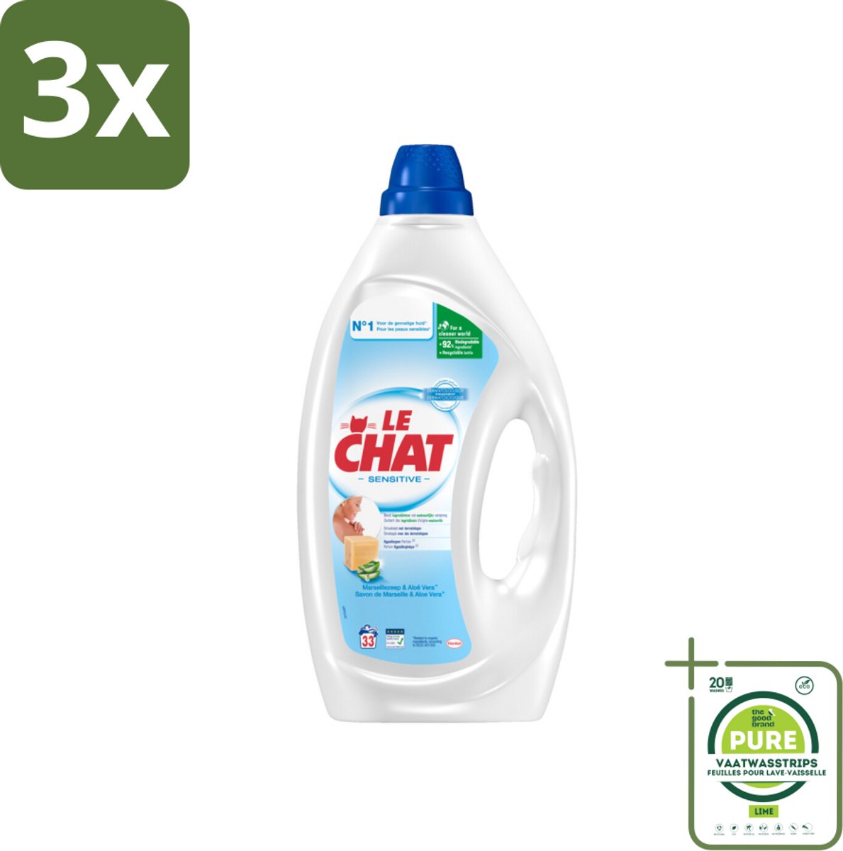 3 x Le Chat – Vloeibaar Wasmiddel – Sensitive – 1,485 L - Grootverpakking - Gevoelige Huid - Hypoallergen - Wasmiddel - Wasmiddel Voor Gevoelige Huid - Marseille Zeep