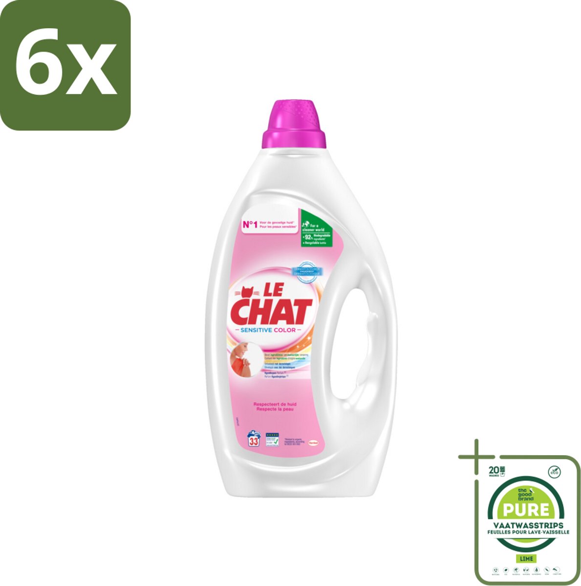 Le Chat – Vloeibaar Wasmiddel – Sensitive Color – 1,485 L - Voordeelverpakking - 6 stuks - Gevoelige huid - Hypoallergeen