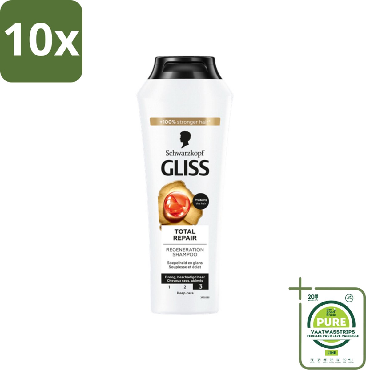 10 x Gliss - Shampoo - Total Repair - Voor Intensief Haarherstel - 250 ml - Grootverpakking - Haarherstel Shampoo - Droge Haren Shampoo - Beschadigd Haar Shampoo - Keratine Shampoo - Haarversterkende Shampoo
