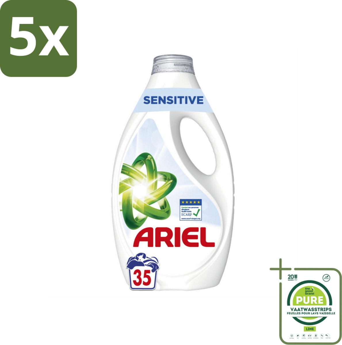5 x Ariel – Sensitive – Vloeibaar Wasmiddel – 1,58 L - Grootverpakking - Gevoelige Huid - Wasmiddel Zonder Kleurstoffen - Zacht Wasmiddel - Dermatologisch Getest - ECARF Goedgekeurd