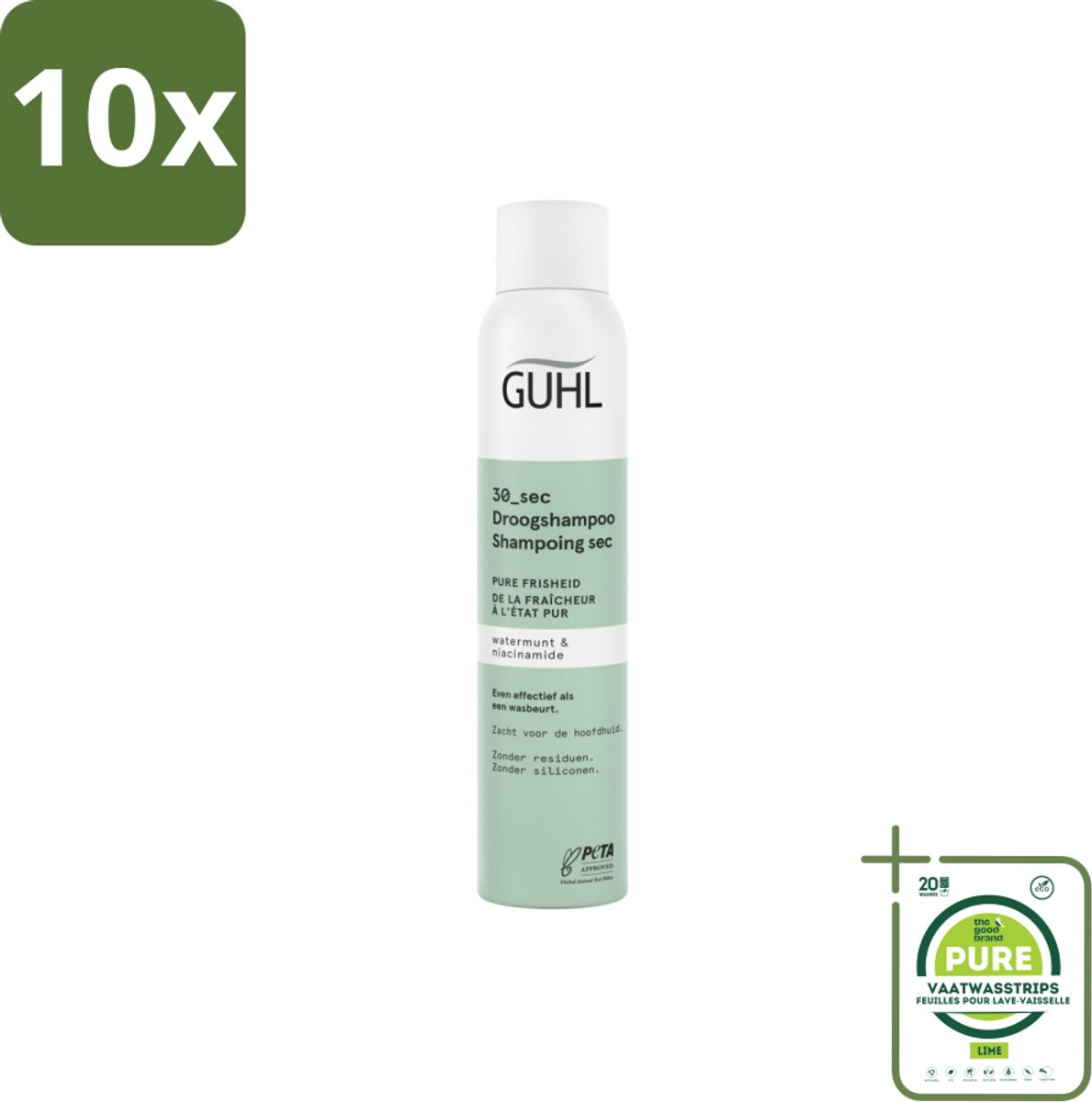 10 x Guhl – Droogshampoo – Pure Frisheid 30 sec – 200 ml - Grootverpakking - Droogshampoo - Fris Haar - Schoon Haar - Watermunt - Niacinamide