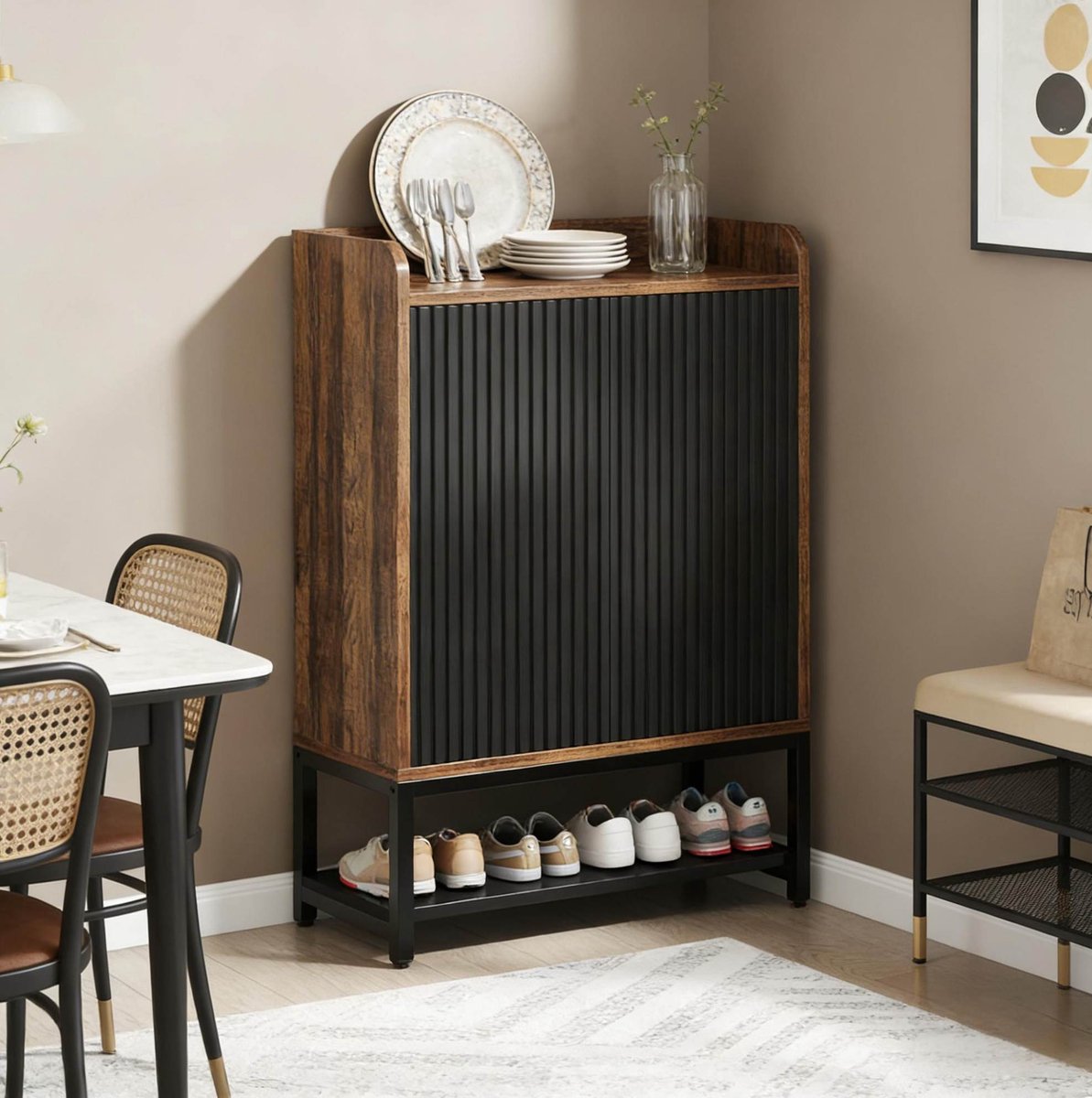 COVREO Schoenenkast 73x35x105.5 cm Black Rustic Brown, Metaal en Spaanplaat, 5 lagen