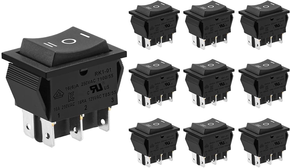 SnelShoppen - Heschen Rocker Switch, Aan/Uit Schakelaar DPDT, 6 Aansluitpunten, 16 A 250 VAC, Zwart, Verpakking van 10 Stuks voor Elektrische Toepassi