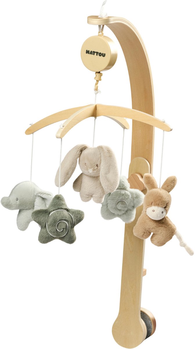 Nattou LouLou Muziekmobiel Baby - Houten Boxmobiel - Baby Cadeau - 50 x 40 x 74 cm - Groen - Beige - Ecru
