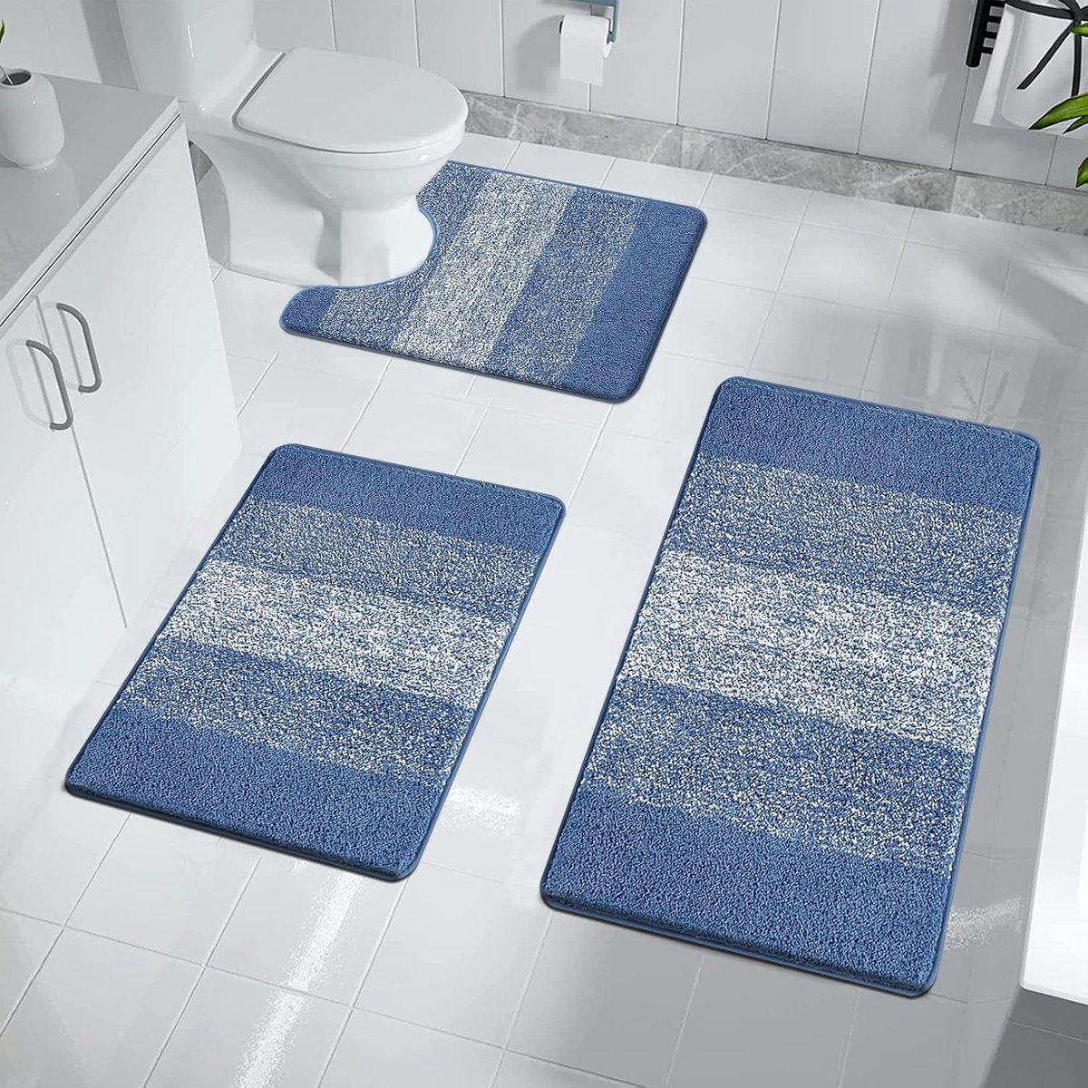 SnelShoppen - Microfiber Badmat Set 3-delig - Antislip Badkamer Tapijten - Wasbare Absorberende Vloerkleden - Blauw - U-vorm en Rechthoekig