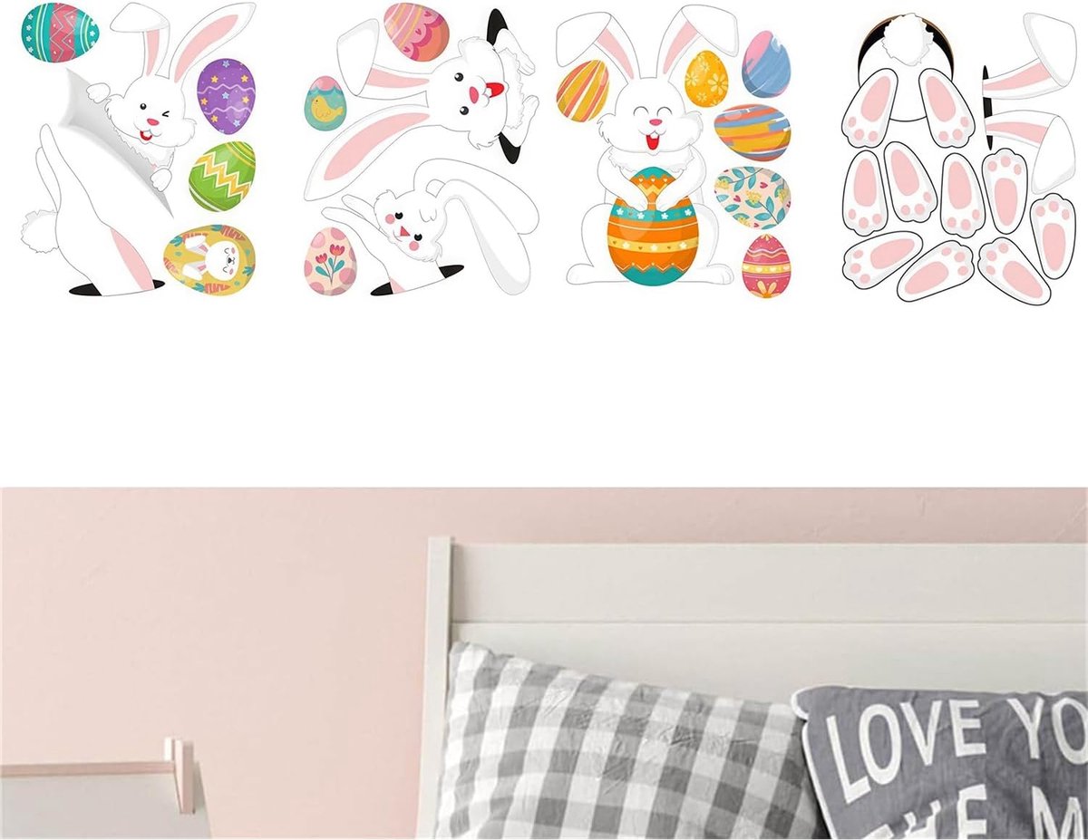 SnelShoppen - 1 Pcs Konijnen Wandstickers Cartoon Dierenstickers, Kinderkamer Wanddecoratie, Schattige Konijnen met Bloemen en Regenboog voor Peuter-